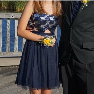 Navy And Silver Sequin Tulle Homecoming Dress